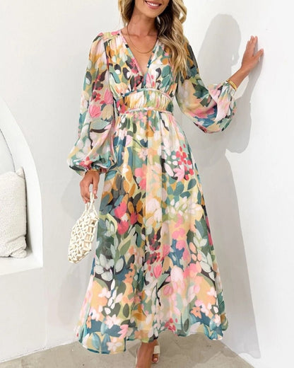 Women's Wedding Guest Satin Floral Summer Midi Dress – Priscilla in its floral print colourway, styled front view on model