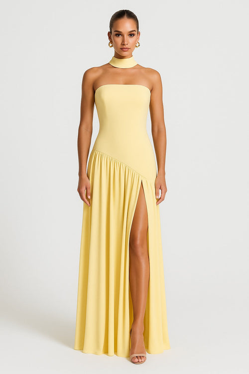 Beatrice women's wedding guest satin maxi dress in yellow, front view with high slit
