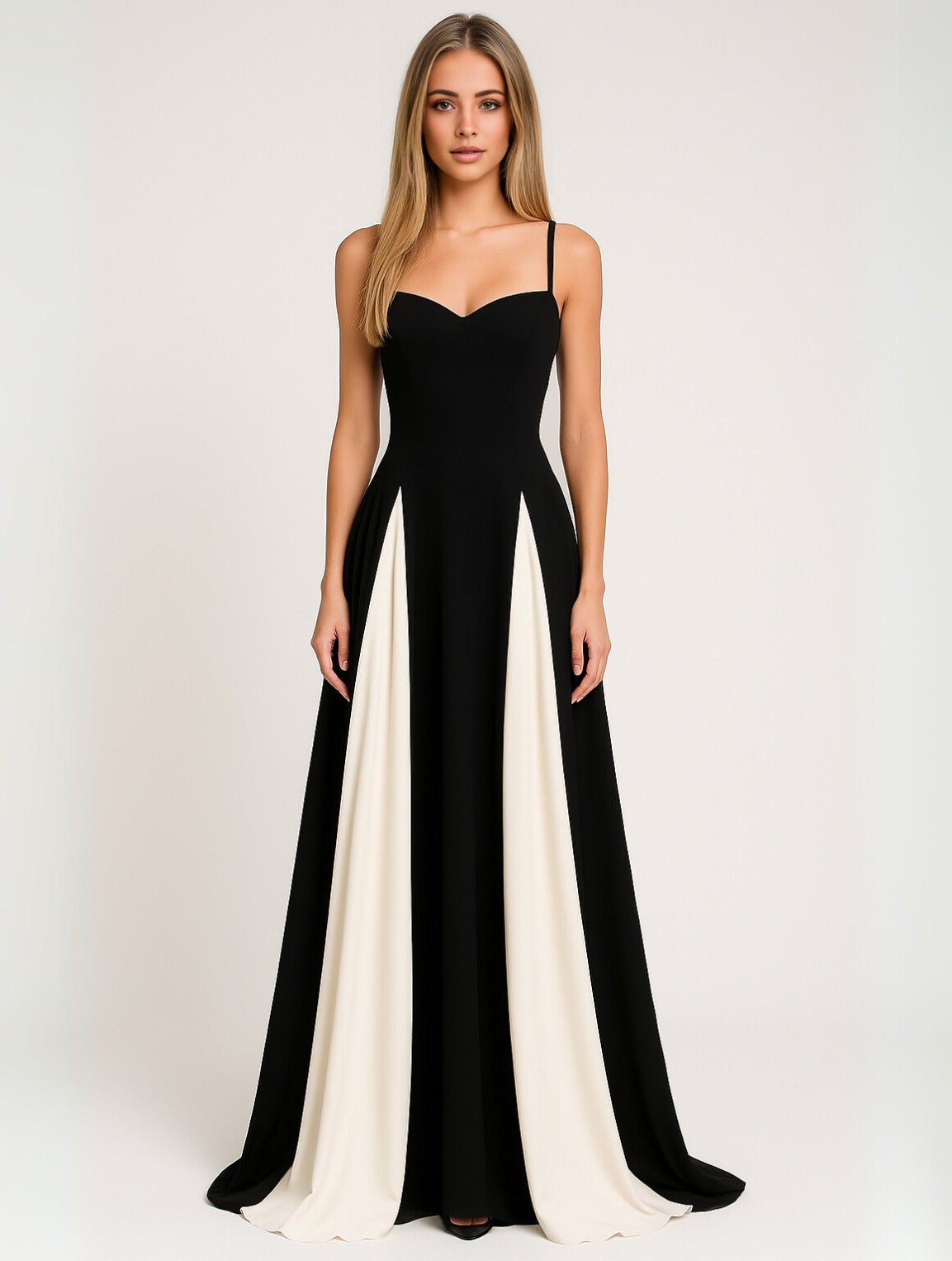 Clarissa women's wedding guest satin maxi dress in black with ivory panels, front view