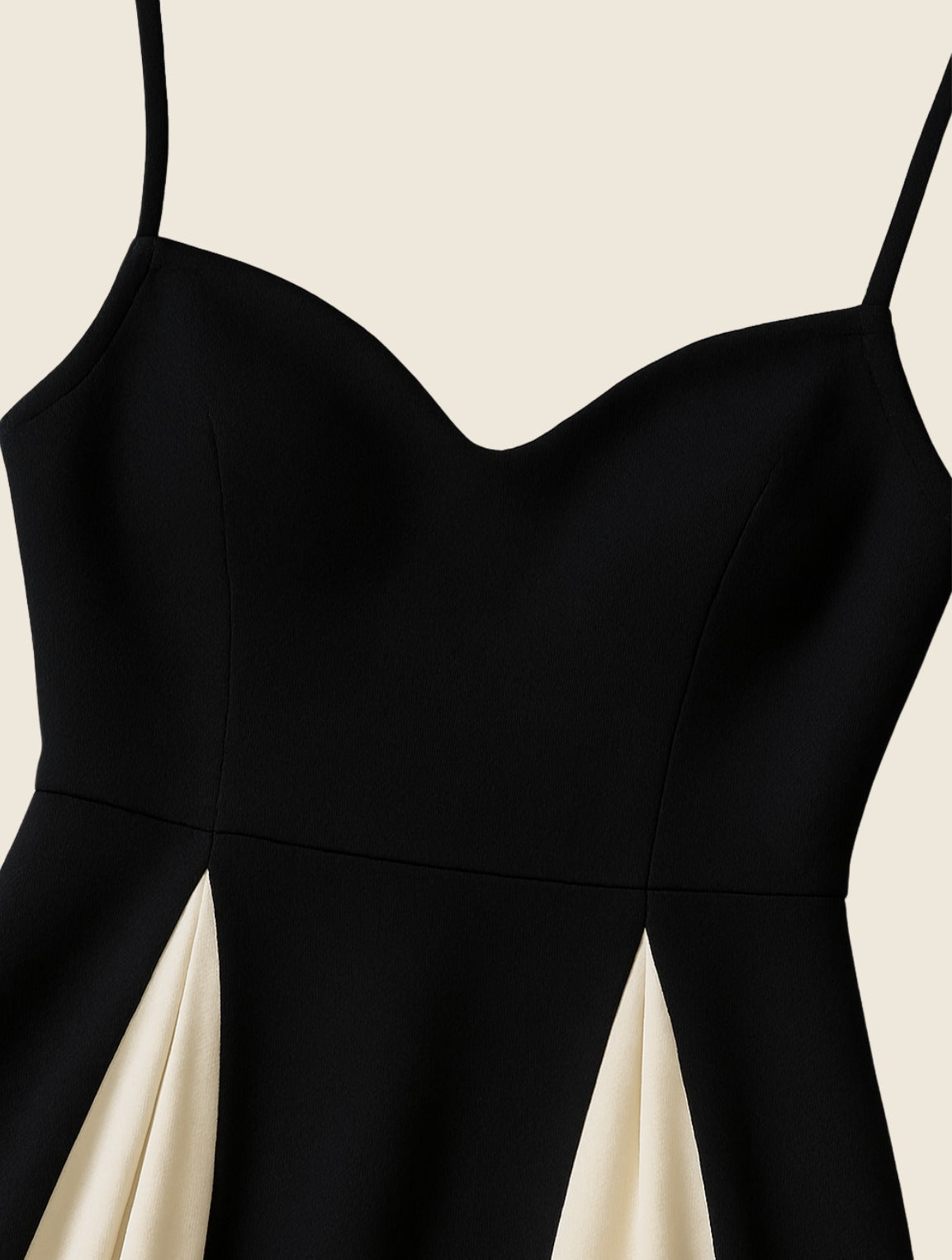 Detail of the sweetheart bodice on the Clarissa women's black satin maxi dress