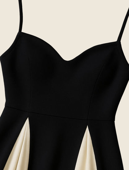 Detail of the sweetheart bodice on the Clarissa women's black satin maxi dress