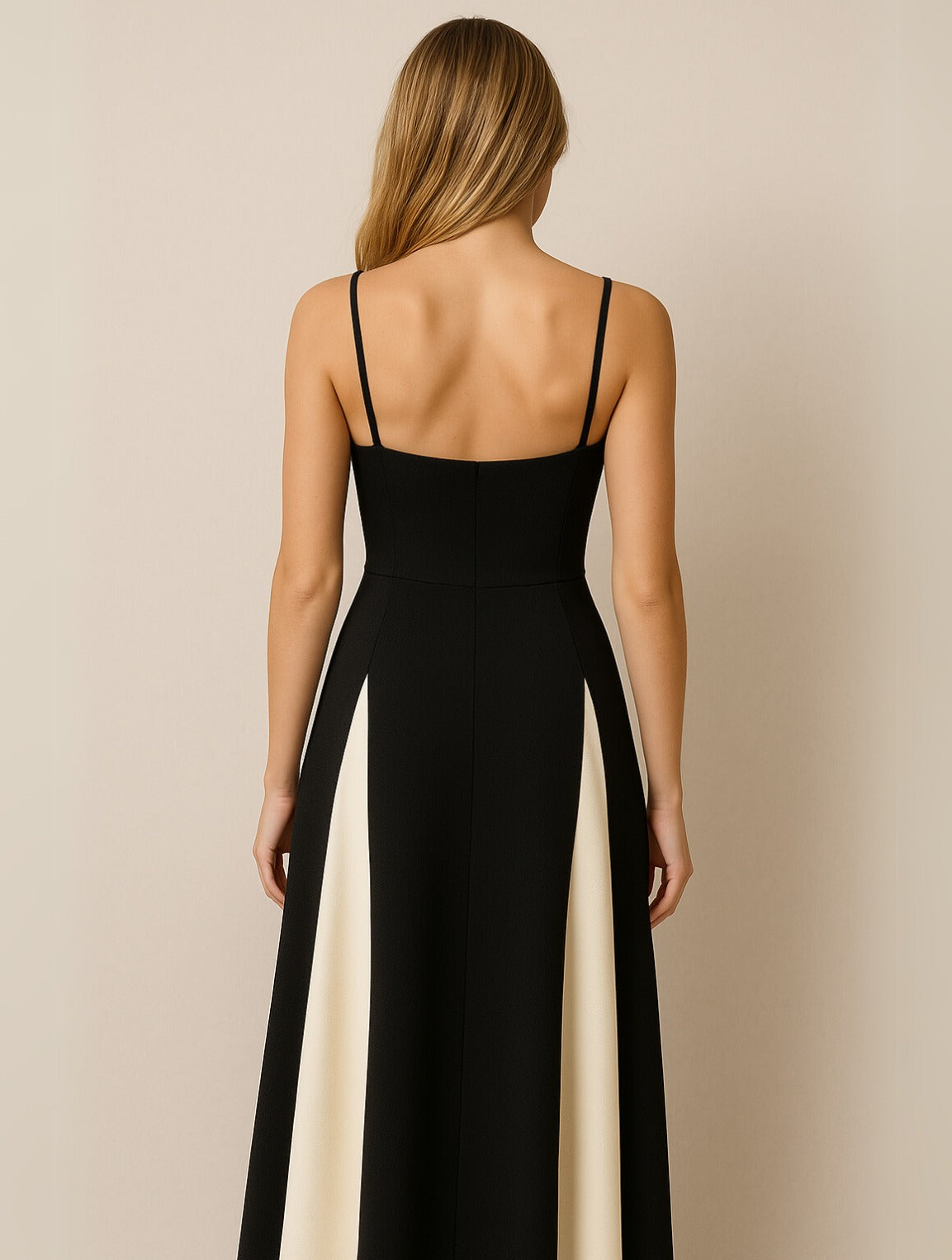 Back view of the Clarissa women's black wedding guest satin maxi dress