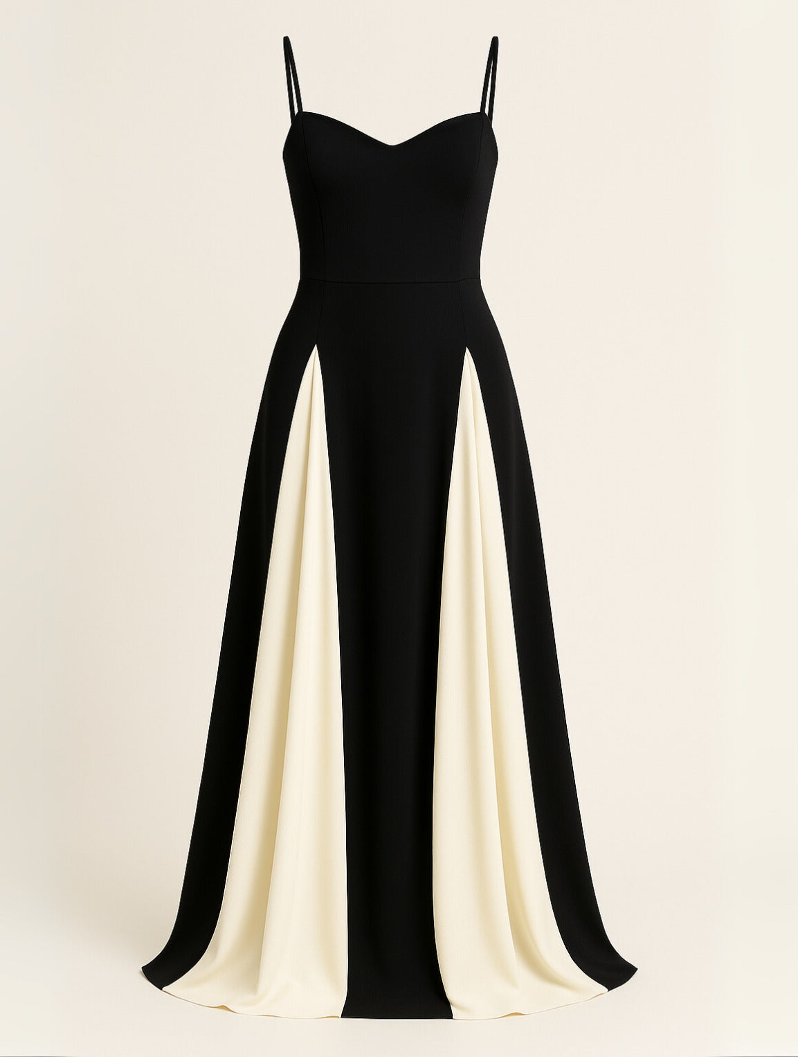 Clarissa women's black and ivory satin maxi dress shown flat on a plain background