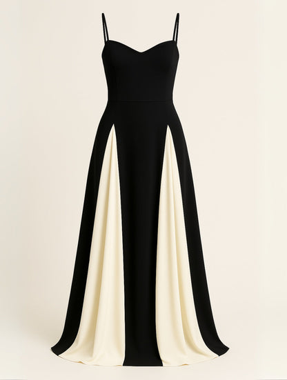 Clarissa women's black and ivory satin maxi dress shown flat on a plain background