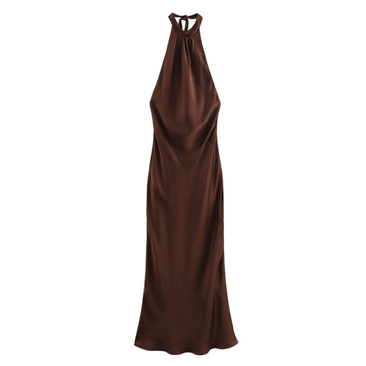 Brown Drusilla women's satin halter maxi dress shown flat, front of the garment