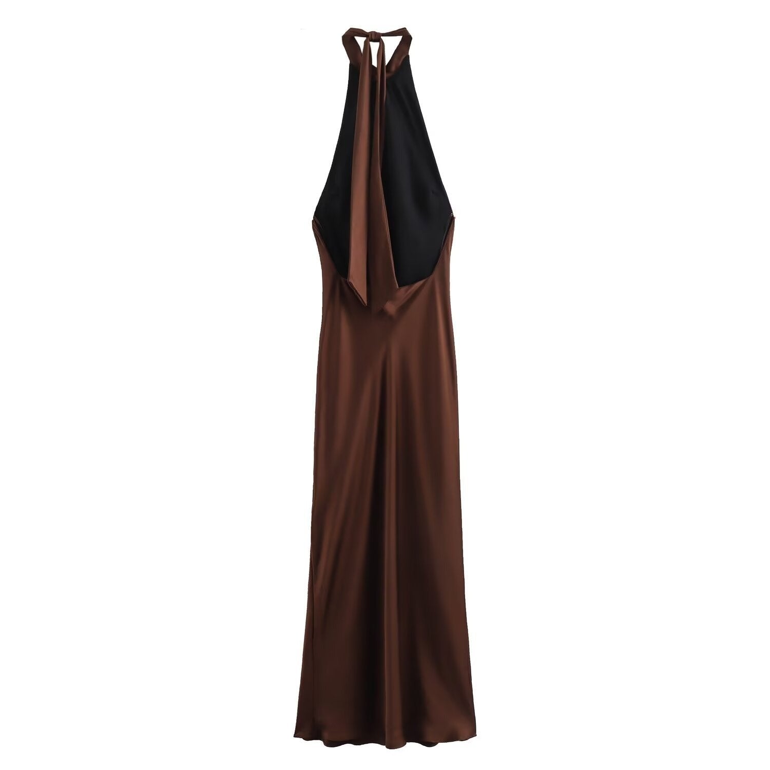 Drusilla brown satin maxi dress for women shown flat, open back and halter tie