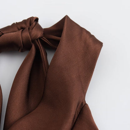 Knot detail of the brown satin neck tie on the Drusilla women's maxi dress