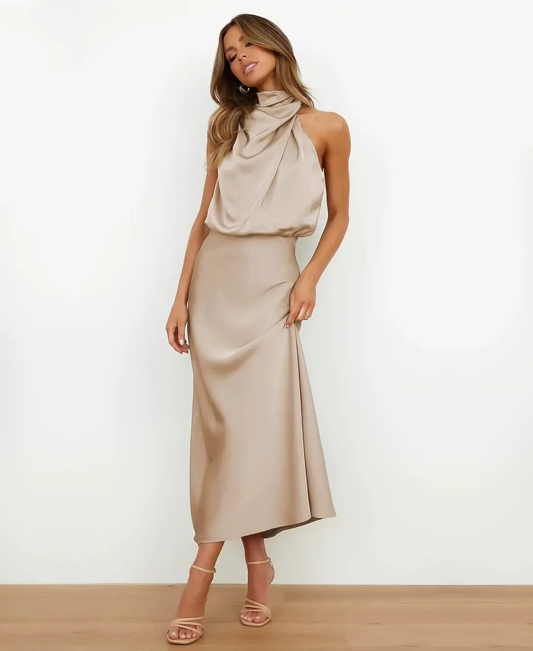 Women's Wedding Guest Satin Midi Dress – Guinevere in Apricot, front view on model