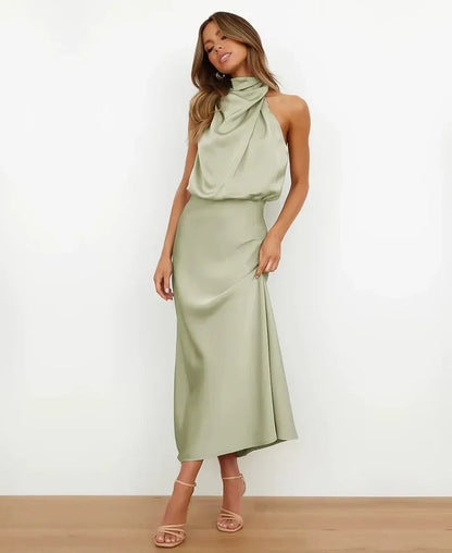 Women's Wedding Guest Satin Midi Dress – Guinevere in Light green, front view on model