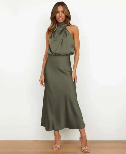 Women's Wedding Guest Satin Midi Dress – Guinevere in Olive green, front view on model