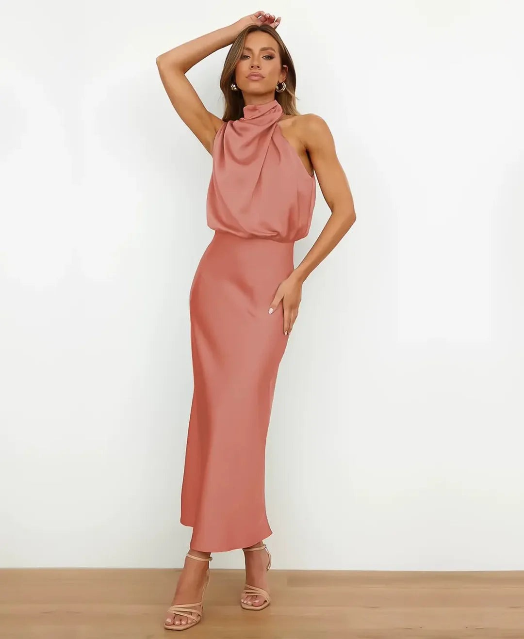 Women's Wedding Guest Satin Midi Dress – Guinevere in Peach, front view on model