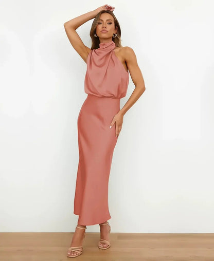 Women's Wedding Guest Satin Midi Dress – Guinevere in Peach, front view on model