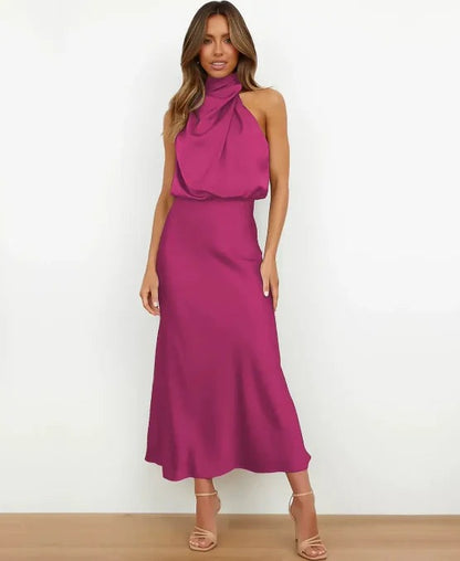 Women's Wedding Guest Satin Midi Dress – Guinevere in Pink, front view on model