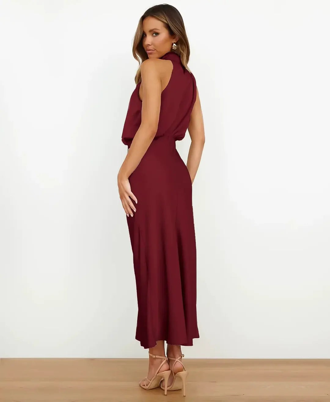 Women's Wedding Guest Satin Midi Dress – Guinevere in Wine red, back view on model