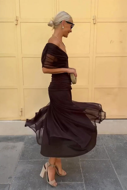 Women's Wedding Guest Satin Midi Dress – Hermione in Brown, side view on model
