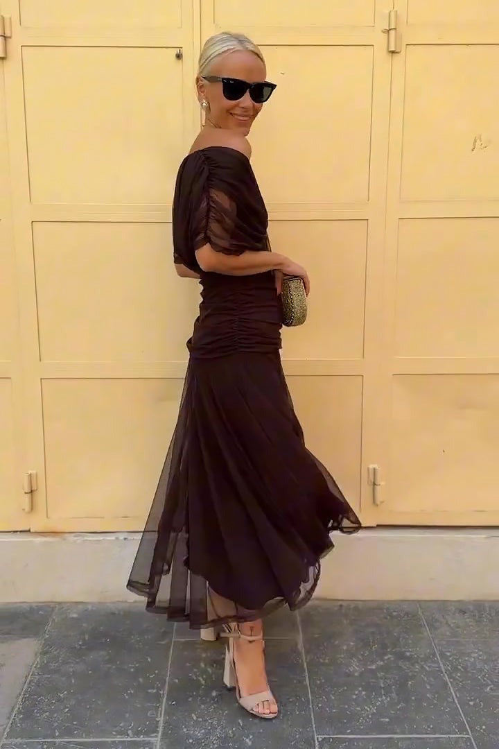 Women's Wedding Guest Satin Midi Dress – Hermione in Brown, side profile view on model