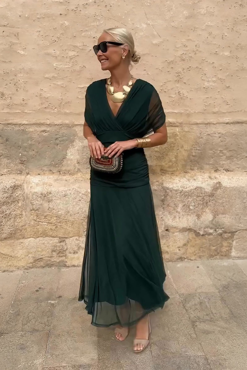 Women's Wedding Guest Satin Midi Dress – Hermione in Green, front view on model
