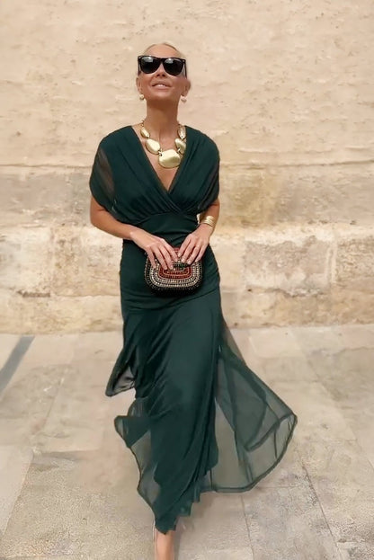 Women's Wedding Guest Satin Midi Dress – Hermione in Green, full-length front view on model