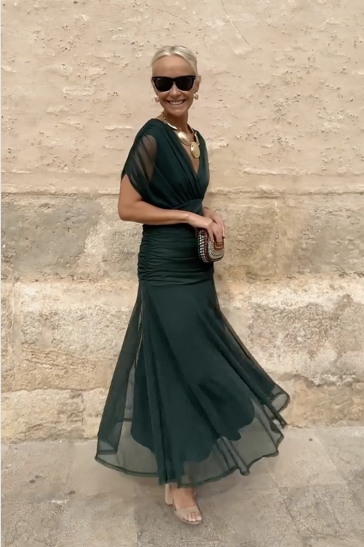 Women's Wedding Guest Satin Midi Dress – Hermione in Green, styled front view on model