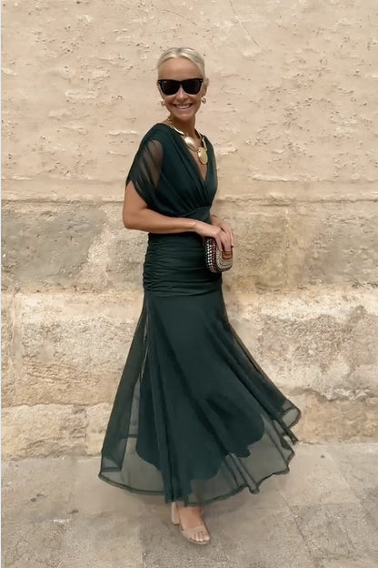Women's Wedding Guest Satin Midi Dress – Hermione in Green, styled front view on model