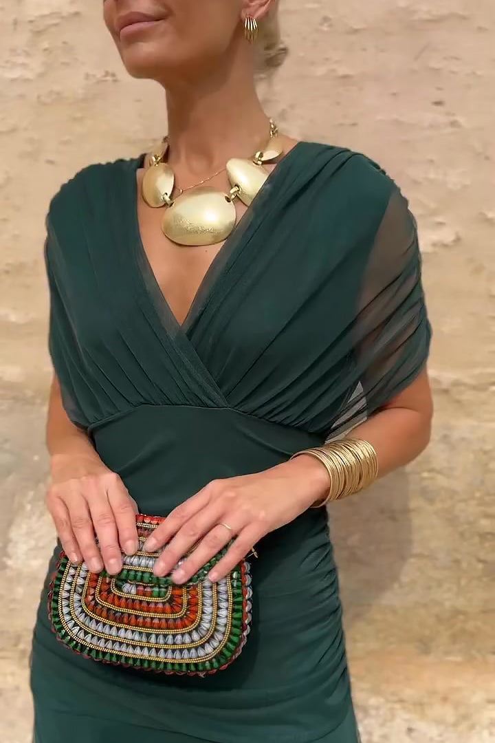 Women's Wedding Guest Satin Midi Dress – Hermione in Green, close-up fabric and construction detail