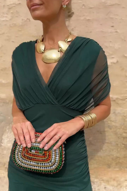 Women's Wedding Guest Satin Midi Dress – Hermione in Green, close-up fabric and construction detail