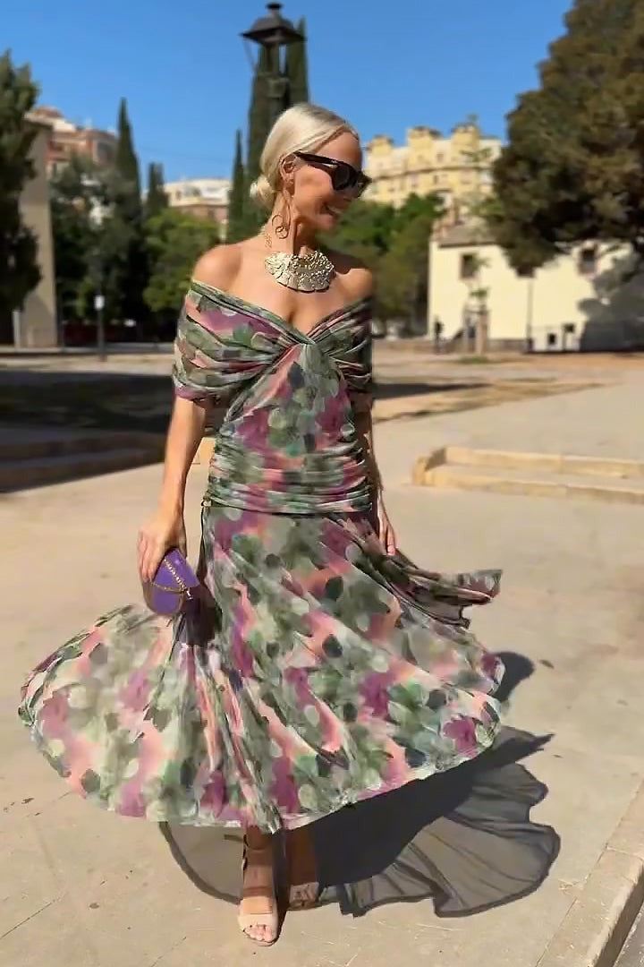 Women's Wedding Guest Satin Midi Dress – Hermione in Multicolor, styled front view on model