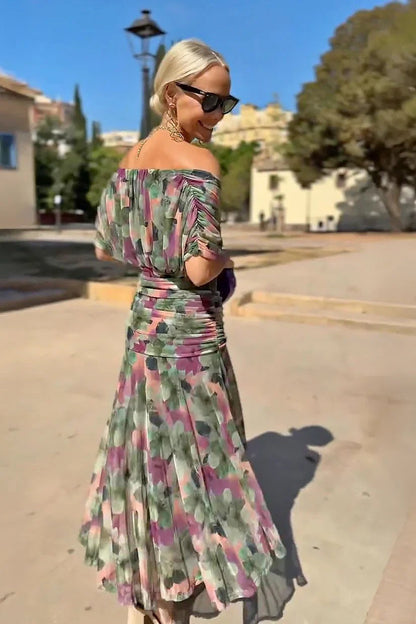 Women's Wedding Guest Satin Midi Dress – Hermione in Multicolor, back view on model