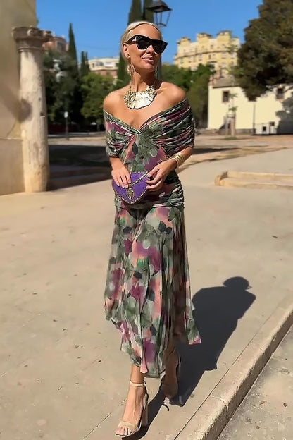 Women's Wedding Guest Satin Midi Dress – Hermione in Multicolor, front view on model