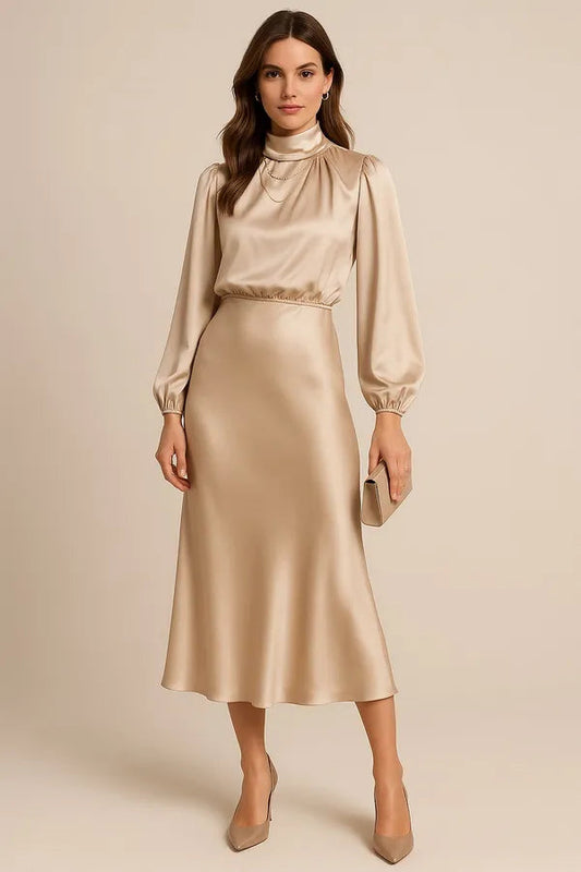 Women's Wedding Guest Satin Midi Dress – Eugenie in Apricot, front view on model