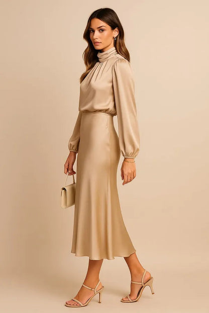 Women's Wedding Guest Satin Midi Dress – Eugenie in Apricot, side view on model