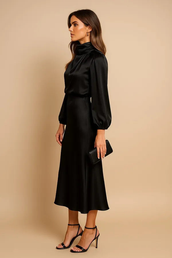 Women's Wedding Guest Satin Midi Dress – Eugenie in Black, side view on model