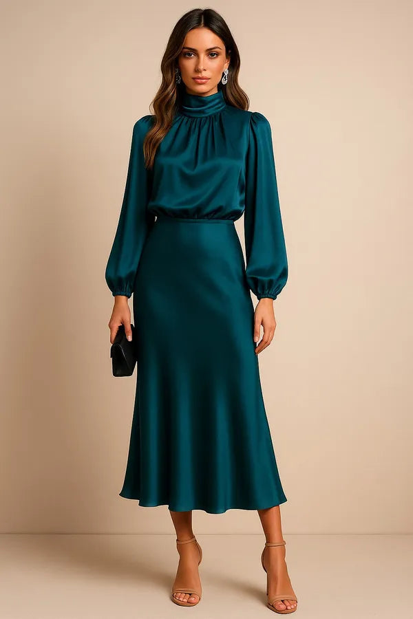 Women's Wedding Guest Satin Midi Dress – Eugenie in Blue, front view on model
