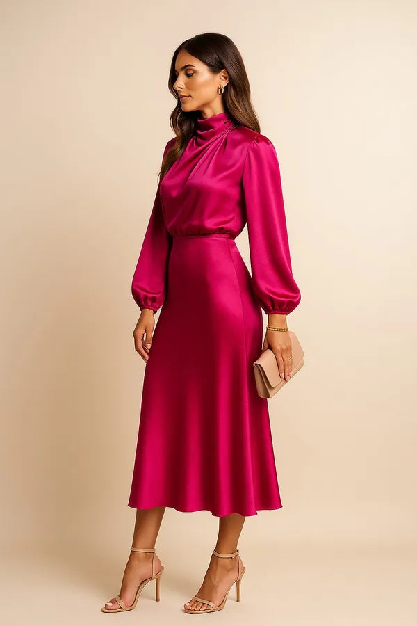 Women's Wedding Guest Satin Midi Dress – Eugenie in Pink, side view on model
