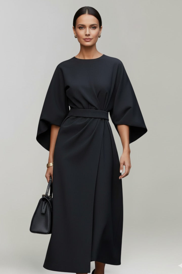 Women's Wedding Guest Satin Floral Midi Dress – Hyacinth in Black, front view on model