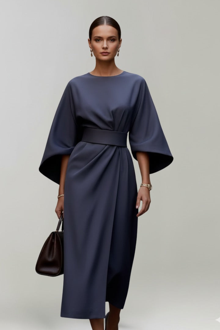 Women's Wedding Guest Satin Floral Midi Dress – Hyacinth in Blue, front view on model