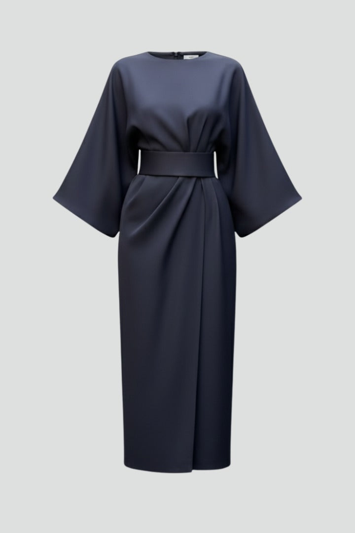 Women's Wedding Guest Satin Floral Midi Dress – Hyacinth in Blue, flat lay product photo, no model