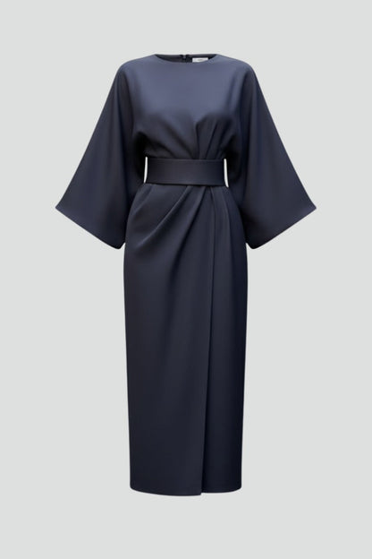 Women's Wedding Guest Satin Floral Midi Dress – Hyacinth in Blue, flat lay product photo, no model