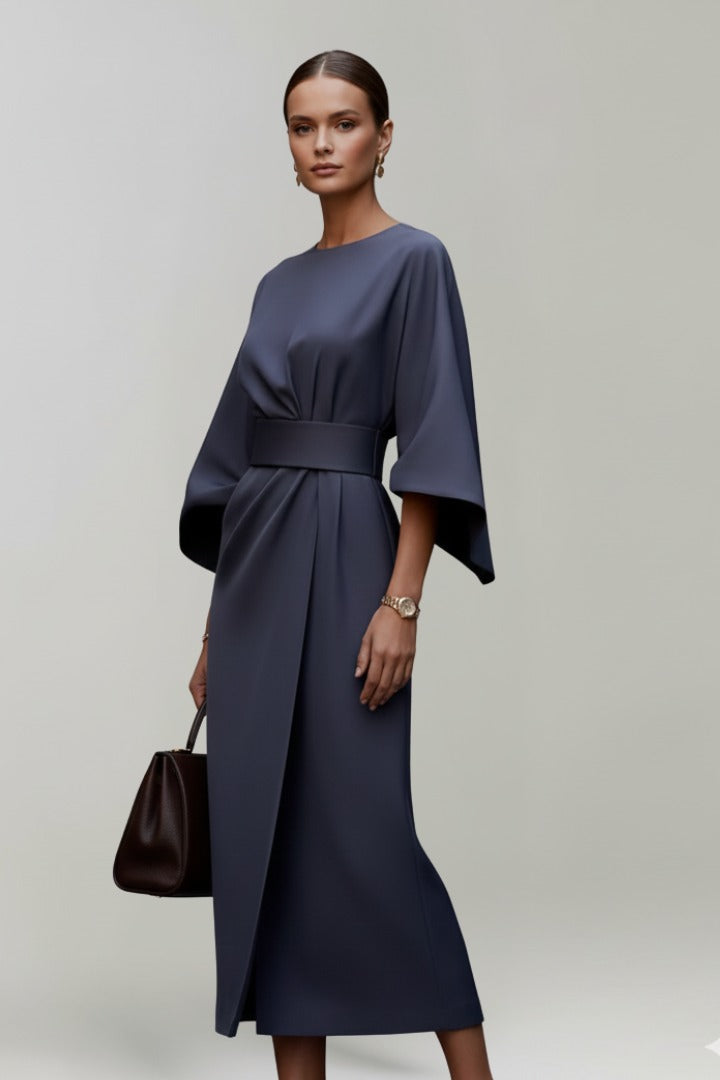 Women's Wedding Guest Satin Floral Midi Dress – Hyacinth in Blue, styled front view on model