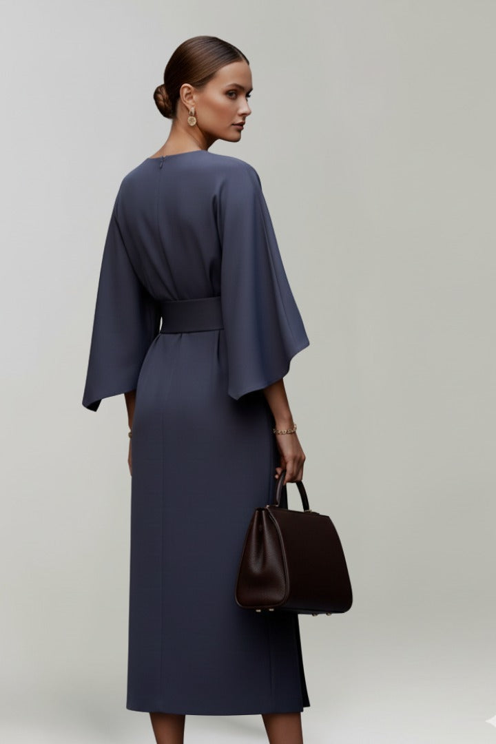 Women's Wedding Guest Satin Floral Midi Dress – Hyacinth in Blue, back view on model