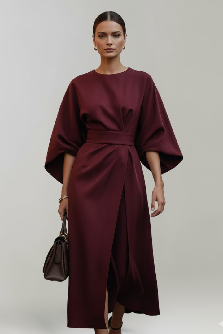 Women's Wedding Guest Satin Floral Midi Dress – Hyacinth in Burgandy, front view on model