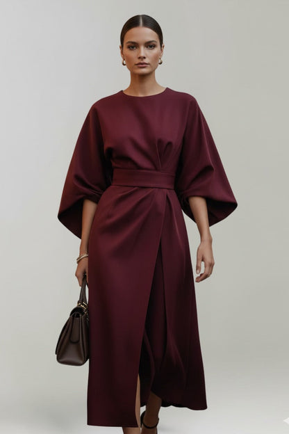 Women's Wedding Guest Satin Floral Midi Dress – Hyacinth in Burgandy, front view on model