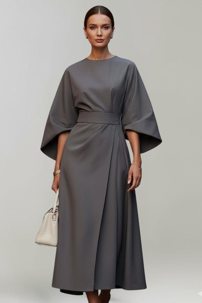 Women's Wedding Guest Satin Floral Midi Dress – Hyacinth in Gray, front view on model