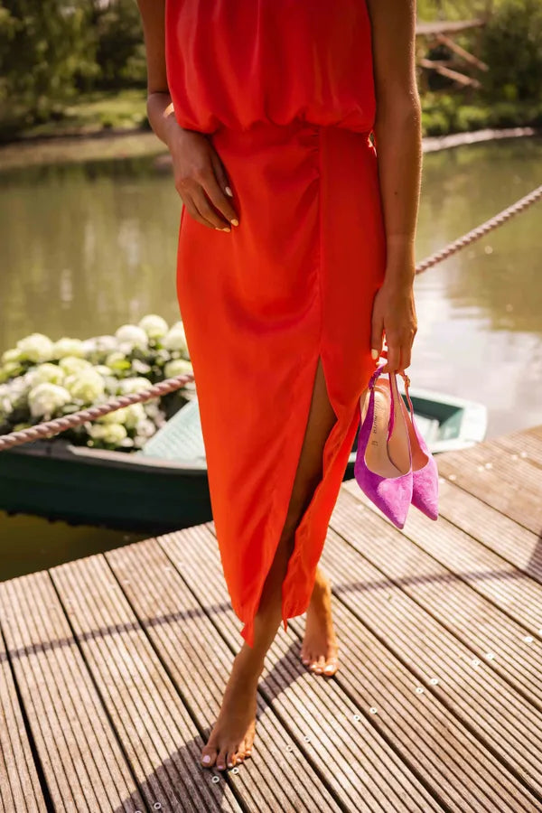 Women's Wedding Guest Satin Midi Halter Dress – Juliana in Orange, close-up neckline detail