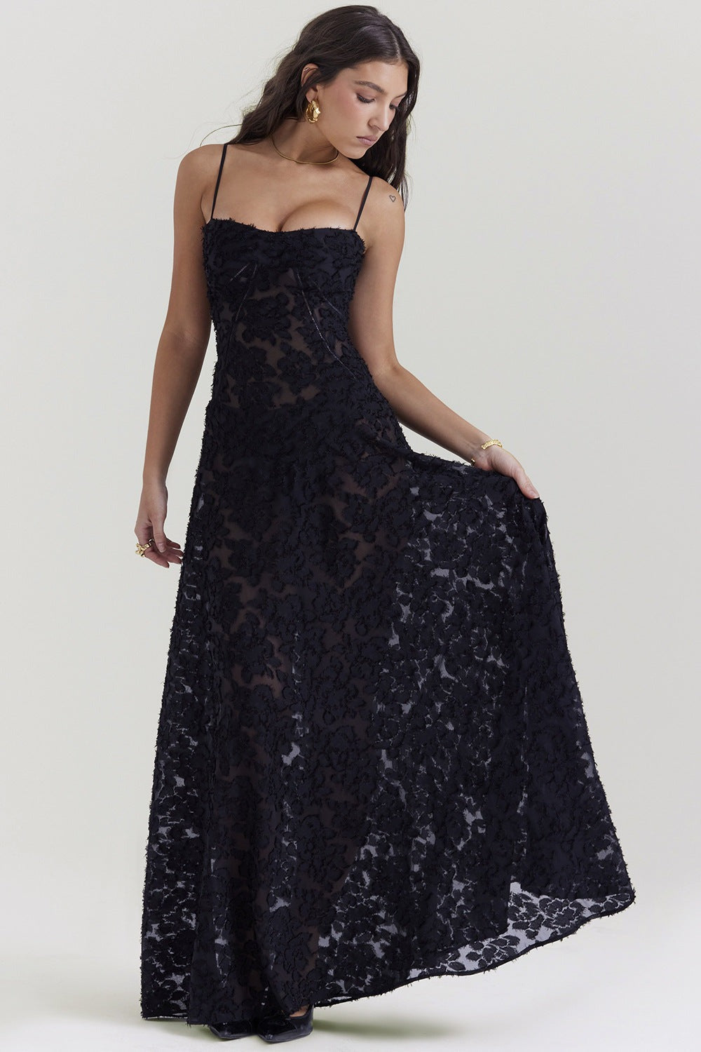 Katarina women's wedding guest slip maxi dress in black lace, front view on model