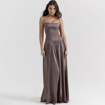 Katarina women's wedding guest satin slip maxi dress in brown, front view on model