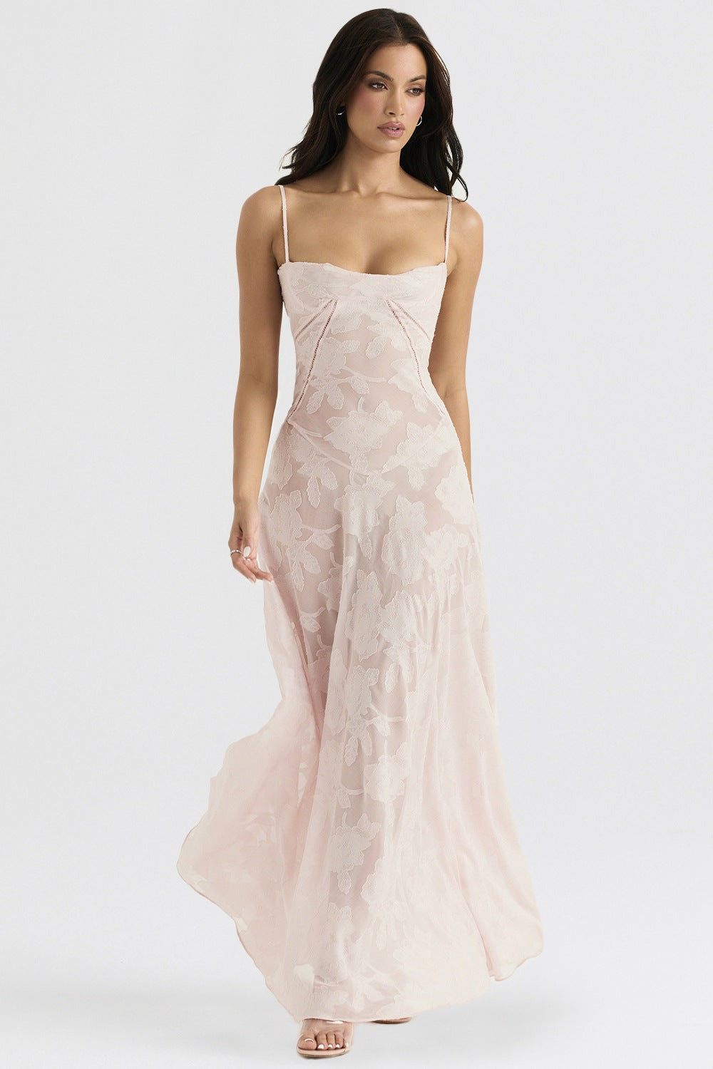 Katarina women's wedding guest satin slip maxi dress in pink, front view on model