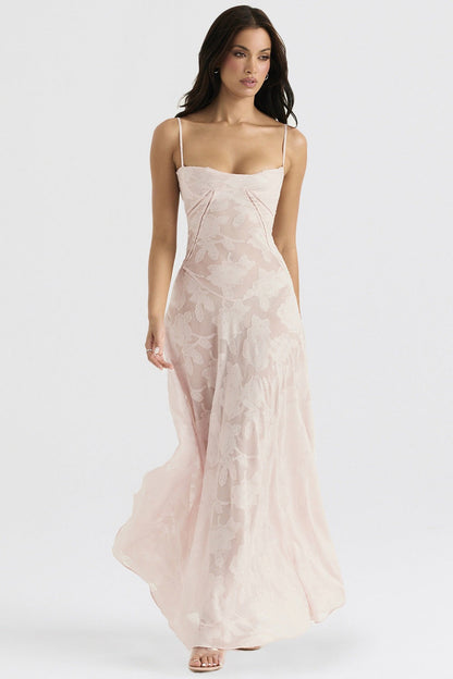 Katarina women's wedding guest satin slip maxi dress in pink, front view on model