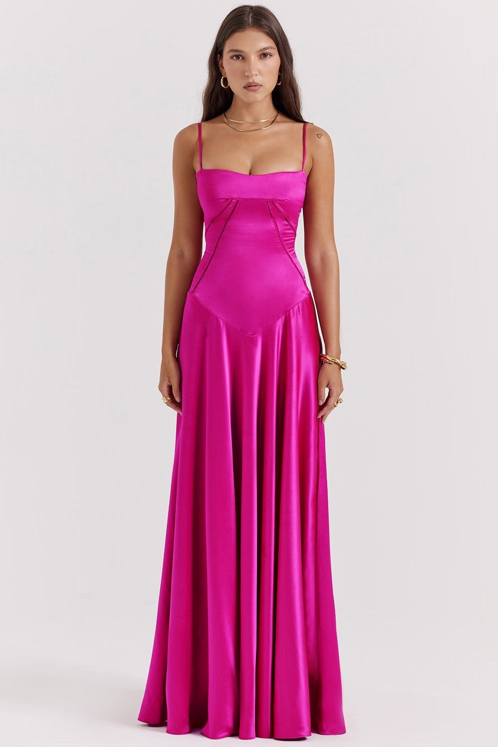 Rose red Katarina women's satin slip maxi dress, full-length front view on model