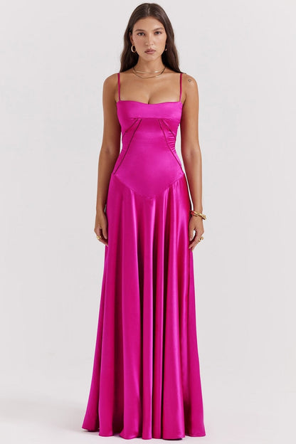 Rose red Katarina women's satin slip maxi dress, full-length front view on model